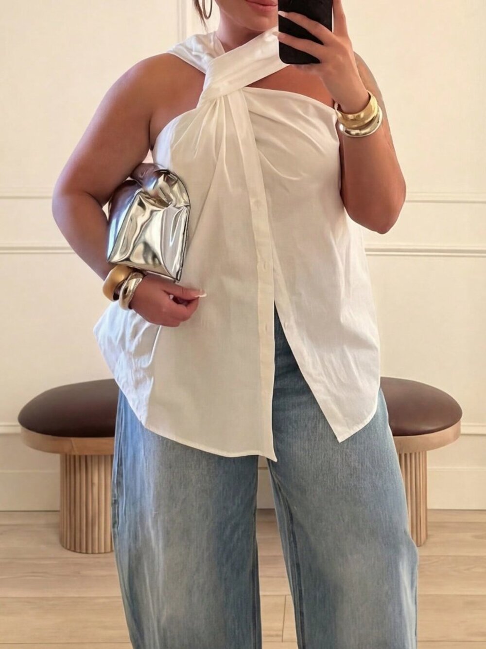 White Casual Women's Asymmetrical Twist Neck Halter Sleeveless Top
